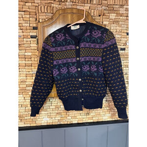 Blarney Woolen Mills Sz 100% Wool Purple Floral Cardigan Cottagecore Grandma S